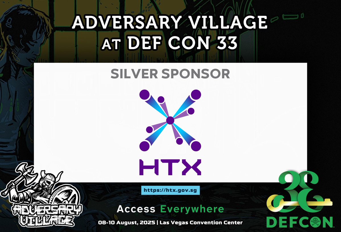 AdversaryVillag's tweet image. Sponsor Shout-out!
Its our honor to announce @HTX (Home Team Science &amp;amp; Technology Agency), as a sponsor for Adversary Village at @defcon 33! 
Thank you, HTX.
Learn more about HTX here: htx.gov.sg
#HTX #DEFCON #AdversaryVillage #Singapore