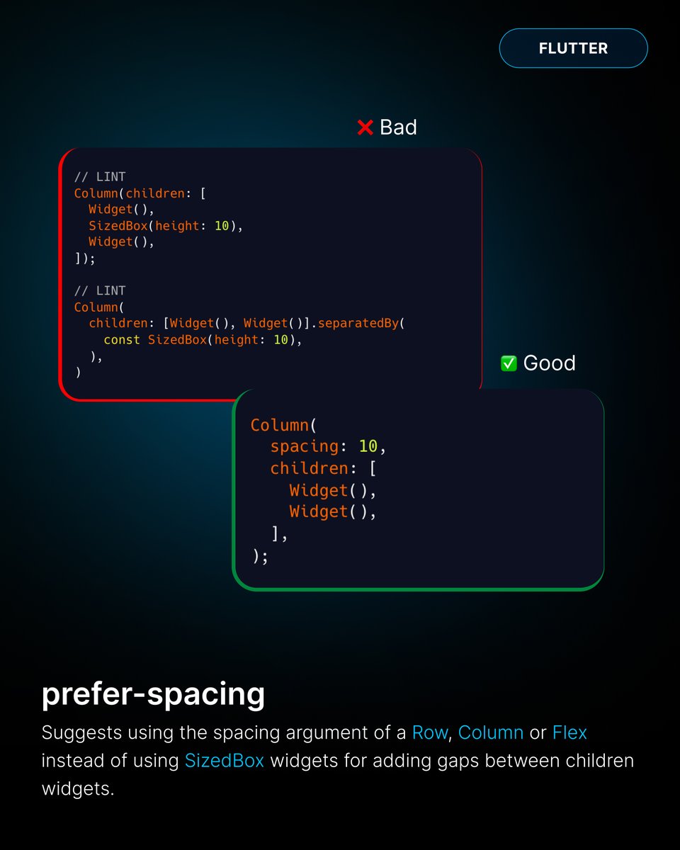 DCMAnalyzer's tweet image. 🚀 No more SizedBox hacks!🚀
Flutter 3.27 added a "spacing" argument to Row, Column, and Flex 🙌
And with the "prefer-spacing" rule you can quickly find such cases in your #Flutter codebase → dcm.dev/docs/rules/flu…