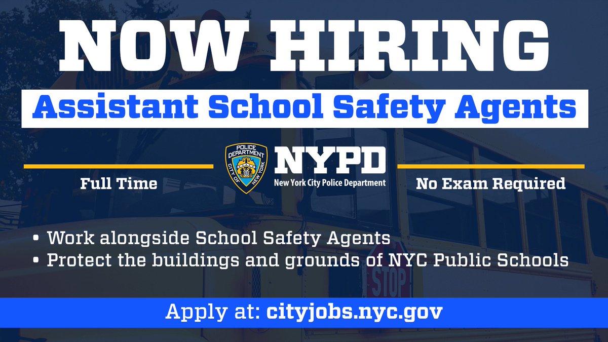NYPDnews's tweet image. The NYPD is hiring Assistant School Safety Agents! Join the team that helps protect NYC public schools and keep our youth safe.
Learn more and apply at cityjobs.nyc.gov.