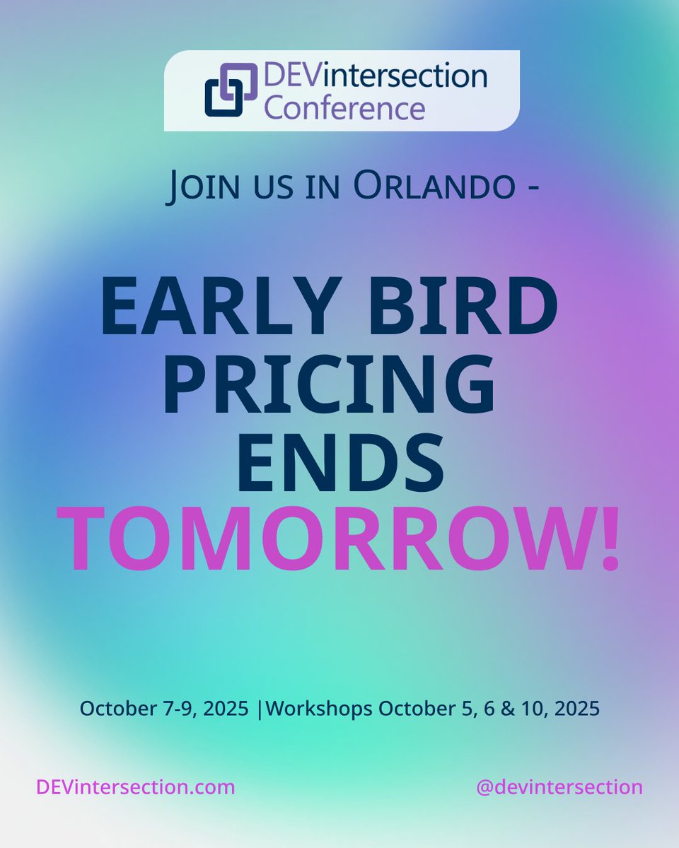DEVintersection Conference (@devintersection) on Twitter photo TOMORROW is your final chance to save!
Steve Smith (<a href="/ardalis/">@ardalis.com on BlueSky</a>) delivers practical guidance that helps devs build better, faster, and smarter.
Register today and get access to all 3 conference tracks with one pass.
Don’t wait: bit.ly/DEVXPOST
#MicrosoftDev #MSDev TOMORROW is your final chance to save!
Steve Smith (<a href="/ardalis/">@ardalis.com on BlueSky</a>) delivers practical guidance that helps devs build better, faster, and smarter.
Register today and get access to all 3 conference tracks with one pass.
Don’t wait: bit.ly/DEVXPOST
#MicrosoftDev #MSDev