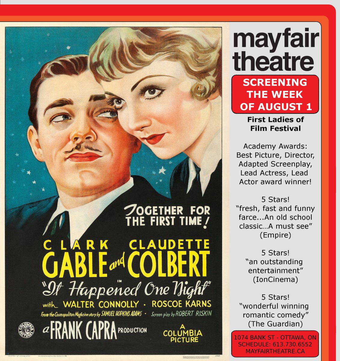 It Happened One Night - Screening the week of Aug 1!

Academy Awards: Best Picture, Director, Adapted Screenplay, Lead Actress, Lead Actor award winner!
5 Stars! “An old school classic…A must see” (Empire)
5 Stars! "outstanding entertainment" (IonCinema)

mayfairtheatre.ca/movie/it-happe…