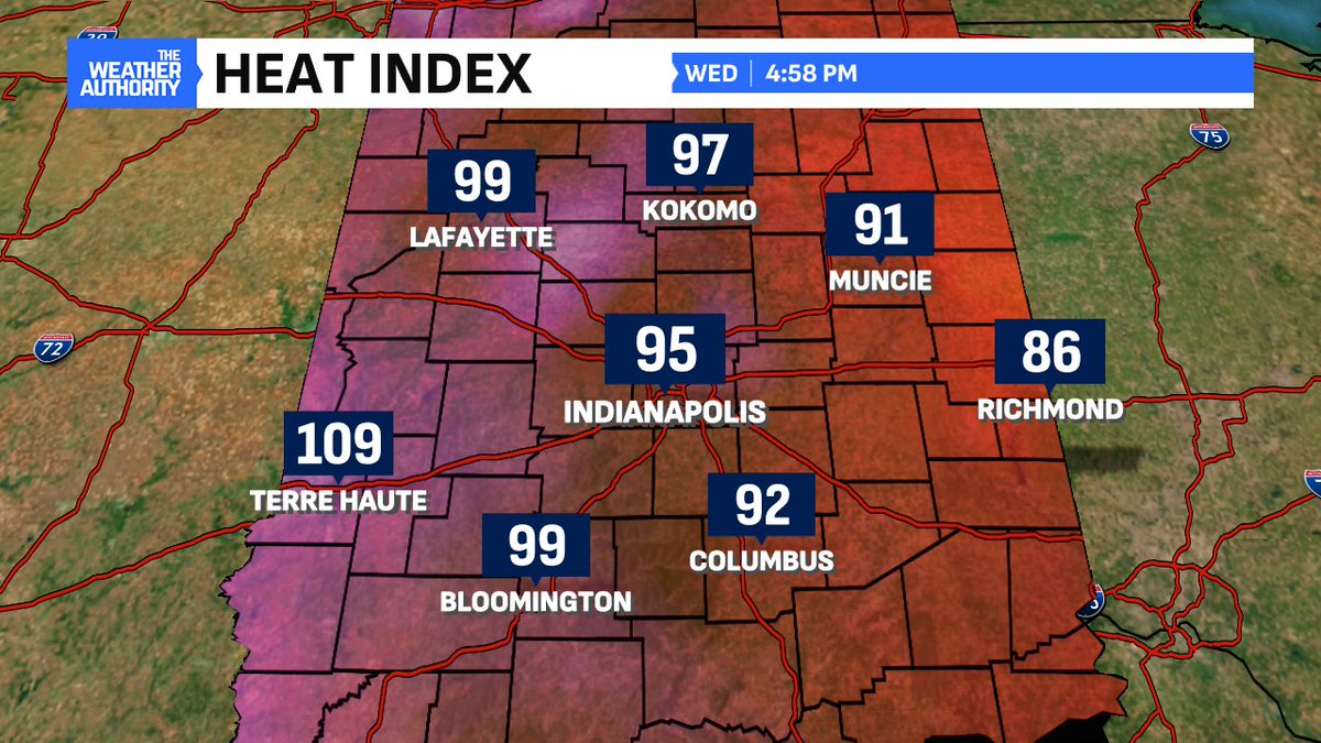 BrianWilkes59wx's tweet image. The mild air is in the rearview window as humidity surges through the state Wednesday afternoon. HEAT INDEX has topped 100° in many locations in western Indiana just before 5pm. HOTTEST 112° in Clinton (Vermillion Co.) 109° Terre Haute (Vigo Co) #INwx