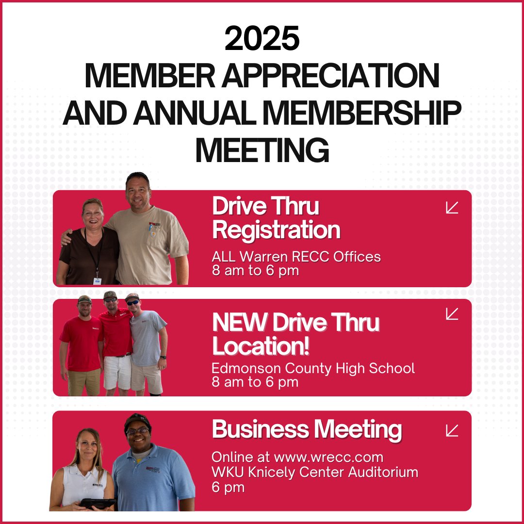 WarrenRECC's tweet image. Our 2025 Member Appreciation and Annual Meeting is TOMORROW! We can't wait to see you! Don't forget - a photo ID is required for registration. We look forward to seeing you at all of our offices or at our NEW LOCATION at Edmonson County High School!
