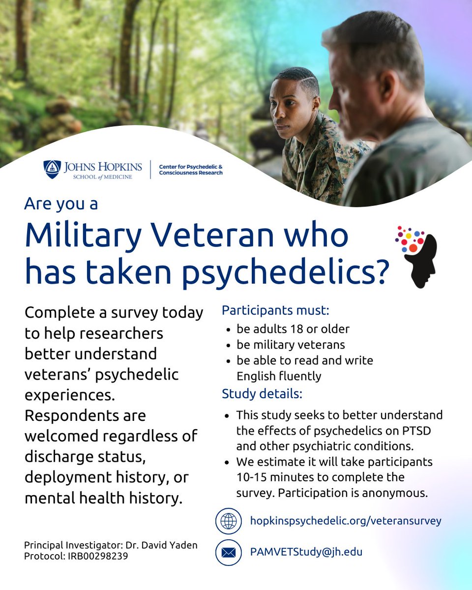 JHPsychedelics's tweet image. We are seeking veterans who have experience with psilocybin and MDMA to fill out a brief 5-10 minute survey about their experiences. Click the link below to contribute to our research 👇