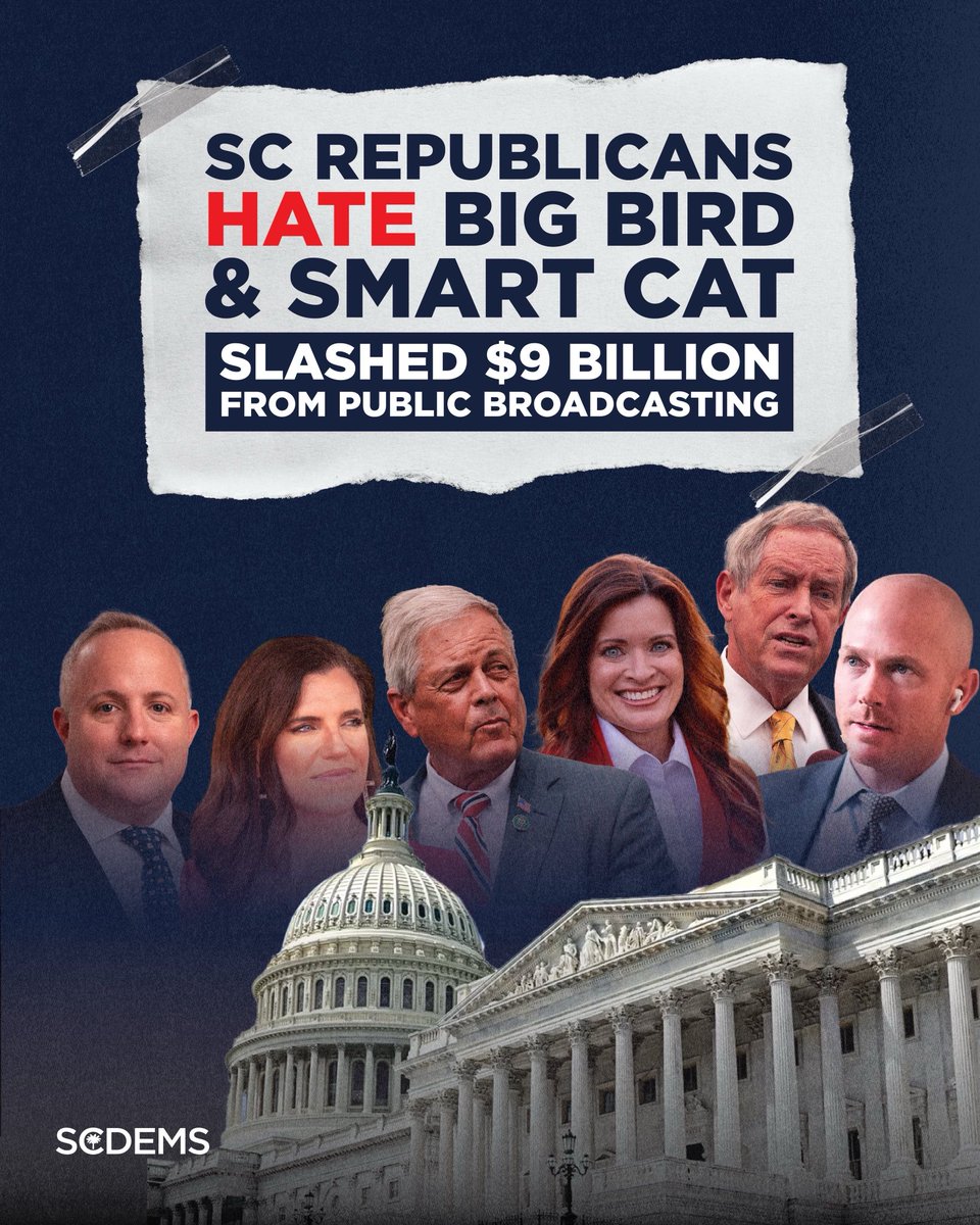 scdp's tweet image. SC Republicans voted to slash $9B from public broadcasting, including $3M from SCETV. That’s Sesame Street, The Electric Company, and vital local content on the chopping block. We see you, and we won’t forget.
#SCDems #DefendPublicBroadcasting #SCPolitics