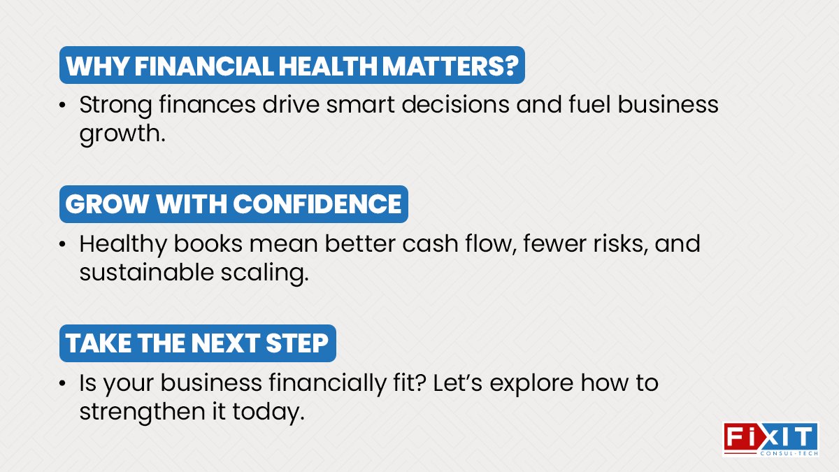 Want to grow your business confidently? It starts with financial health. Clean books give you clarity, reduce risks, and fuel growth. Ready to strengthen your financial foundation? Let’s make your numbers work for you. 
#FinancialHealth #BusinessGrowth #CashFlow #Entrepreneurship