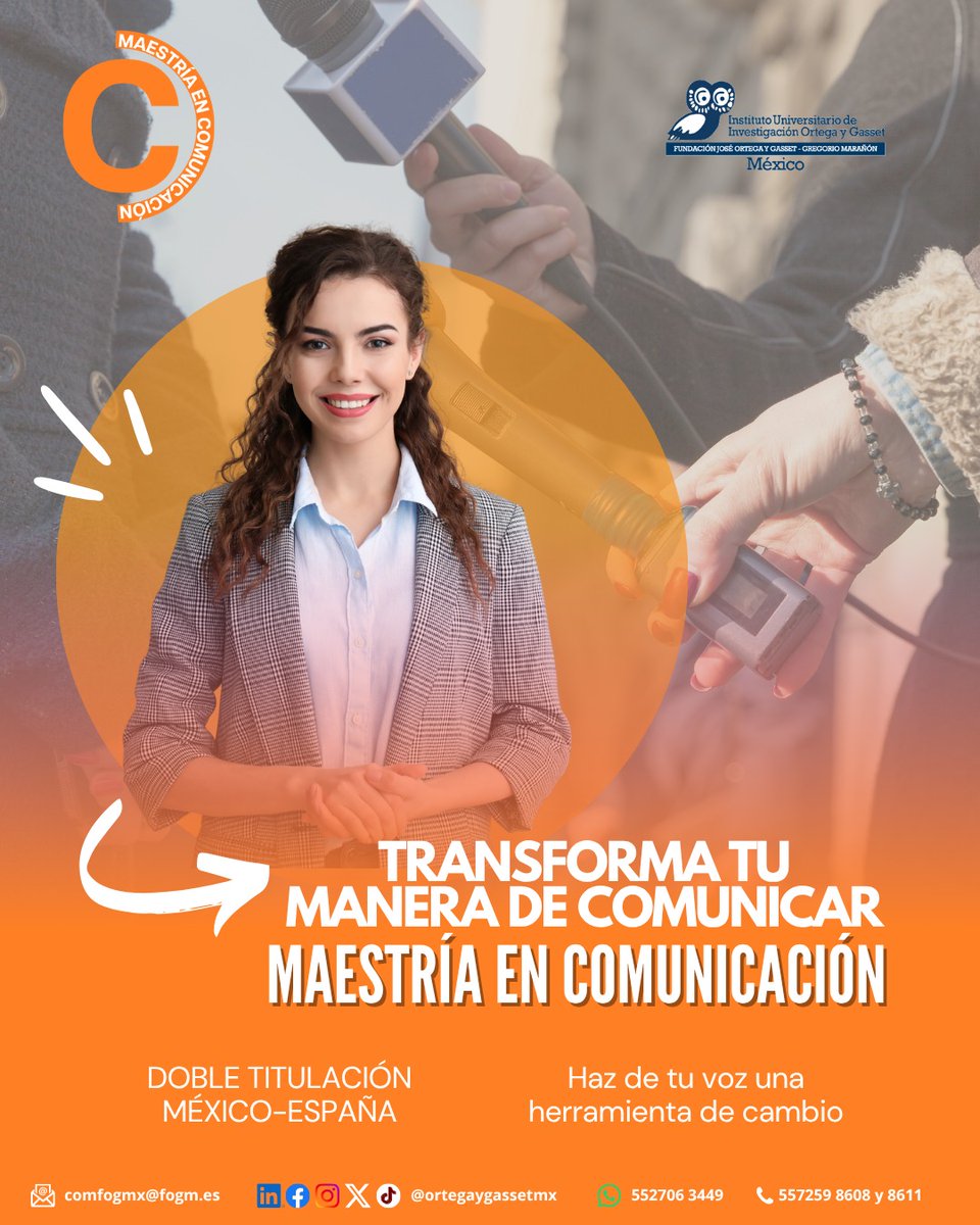 🎙️ Transforma tu manera de comunicar
Estudia la Maestría en Comunicación con doble titulación México–España y aprende a liderar estrategias, contar historias con impacto y comunicar en escenarios globales.

🔗 Conoce más en: ortegaygasset.mx

#Comunicación