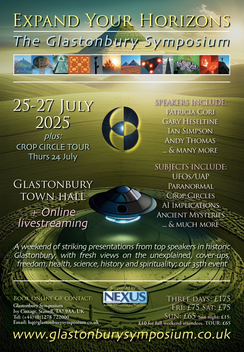 gary_heseltine's tweet image. This coming weekend I will be a speaker at the Glastonbury Symposium conference in Somerset. I will be speaking early evening on Saturday. See poster attached for further details. My lecture: &apos;Are we on the brink of Disclosure?&apos; #uap #ufotwitter