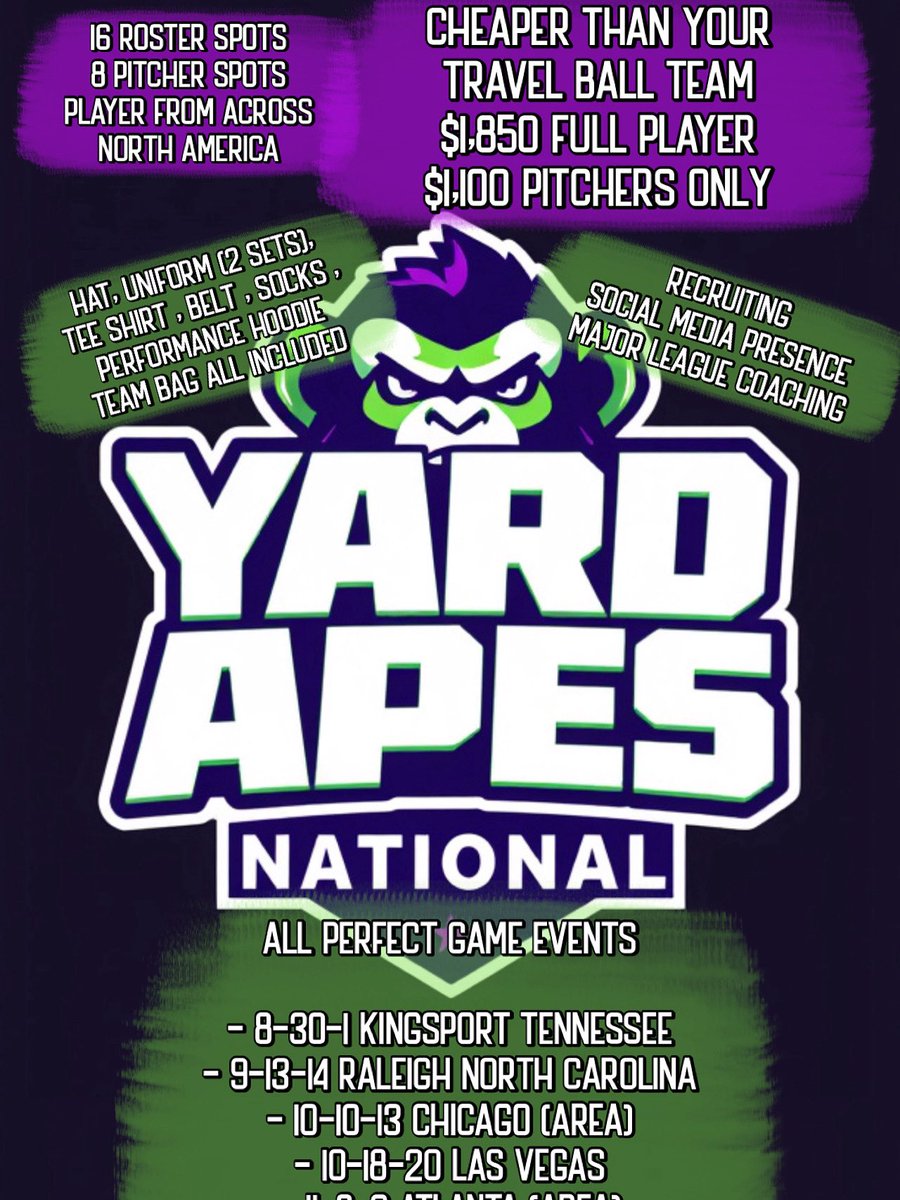 Seth_3773's tweet image. Here is the mock ups for our uniforms at the @TheApesBaseball Spots open if you want to play!
DM me to play! High School are! KIDS FROM ACROSS THE COUNTRY AND CANADA!