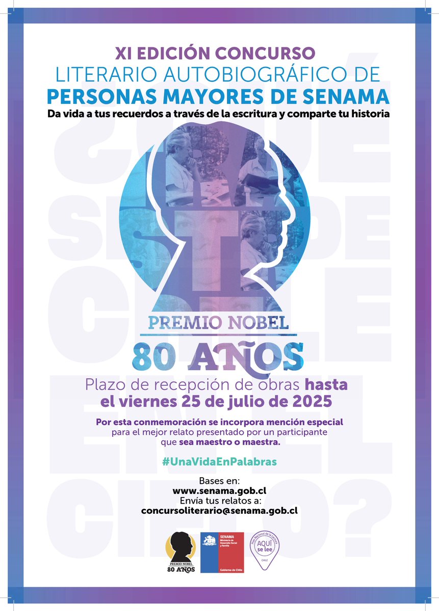 🔸¡Atención! Últimos días para participar en el Concurso Literario Autobiográfico para Personas Mayores de SENAMA. Te invitamos a enviar tu relato con tus historias y experiencias de vida al correo concursoliterario@senama.gob.cl hasta el viernes 25 de julio