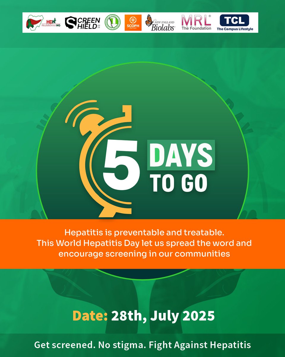 5 Days to Go!🚀🚀

World Hepatitis Day is around the corner 💚

This July 28th, we take a stand to raise awareness and provide free screening across Nigeria.

🦠Share the word, show your support and join us to fight against hepatitis!