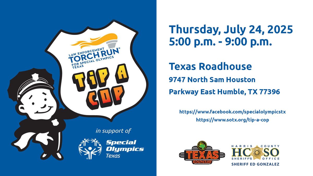 HCSOTexas's tweet image. Do you have any dinner plans tonight? Join us at the Tip A Cop Event from 5 pm until 9 pm at Texas Roadhouse, 9747 N Sam Houston Pkwy E, Humble. HCSO teammates will serve our community and collect donations for the Special Olympics Texas.
We look forward to serving everyone!