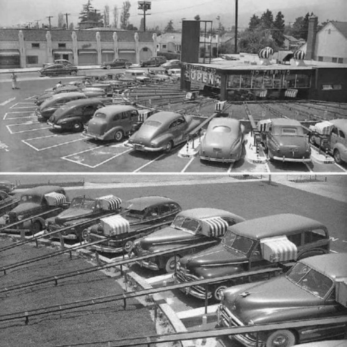 The Motormat drive-in, invented by Kenneth C.Purdy, where the food tray was sent out on rails Los Angeles. The little awnings provide a quaint touch, 1948.
