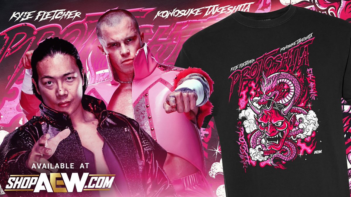 ShopAEW.com (@shopaew) on Twitter photo Represent the team of <a href="/kylefletcherpro/">Kyle Fletcher カイル・フレッチャー</a> & @takesoup - PROTOSHITA - with their new shirt!
Available now at ShopAEW.com! Represent the team of <a href="/kylefletcherpro/">Kyle Fletcher カイル・フレッチャー</a> & @takesoup - PROTOSHITA - with their new shirt!
Available now at ShopAEW.com!