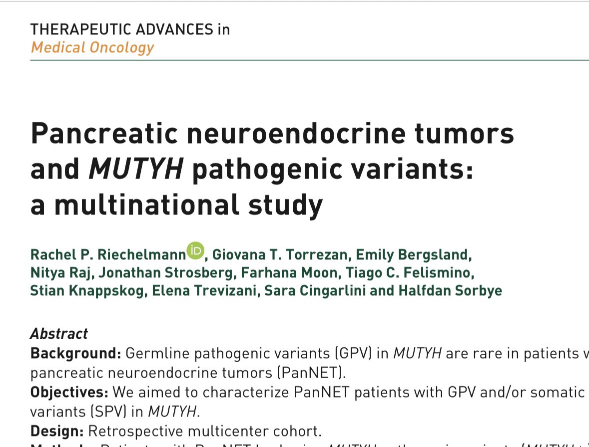 Rachel Riechelmann (@rachelriechelm2) on Twitter photo ❗️MUTYH mutant #pancreatic #NET (germline/somatic)
✅3%
✅50% second hit genetic event
✅2/3 G1/2 evolved to G3
✅3/7 tumors molecularly profiled after alkylating drugs and/or PRRT had high TMB
✅ aggressive , high-grade disease when metastatic
<a href="/TAMedOncol/">Therapeutic Advances in Medical Oncology</a> <a href="/gitorrezan/">Giovana Torrezan</a> ❗️MUTYH mutant #pancreatic #NET (germline/somatic)
✅3%
✅50% second hit genetic event
✅2/3 G1/2 evolved to G3
✅3/7 tumors molecularly profiled after alkylating drugs and/or PRRT had high TMB
✅ aggressive , high-grade disease when metastatic
<a href="/TAMedOncol/">Therapeutic Advances in Medical Oncology</a> <a href="/gitorrezan/">Giovana Torrezan</a>