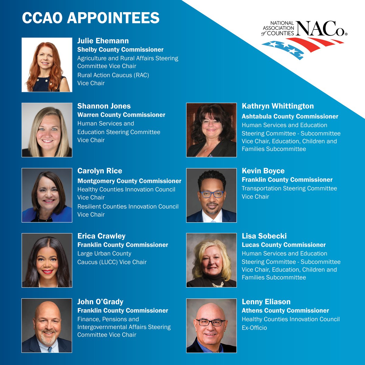 Congratulations to our members who were appointed to National Association of Counties boards and committees by NACo President J.D. Clark! CCAO looks forward to continue working with NACo to strengthen our connections and our counties.