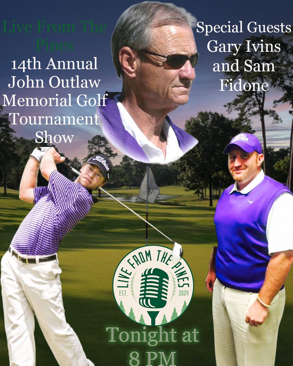 LiveFromPines's tweet image. Live From The Pines returns tonight!
It’s the 14th Annual John Outlaw Memorial Golf Tournament Show ⛳️
🎙️ Special guests: Gary Ivins aka Big Nasty & Sam Fidone
🕗 Tonight at 8 PM – Can’t wait for a weekend of golf at the best in TX: Crown Colony Country Club! @JOMemorialGolf