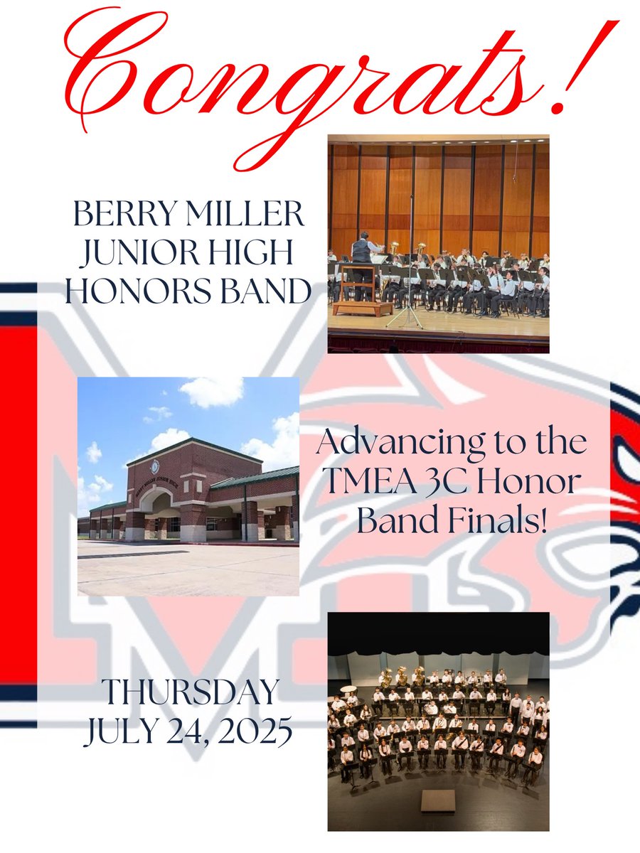 Berry Miller JH (@berrymiller_jh) on Twitter photo Congratulations to the Bobcat #HonorsBand for advancing to the 2026 TMEA 3C Honor Band Finals being held tomorrow in San Antonio!
Our Honors Band is in the TOP 10 of all JH bands in Texas! Great job to all of our wonderful students!❤️💙🐾🎺 #InALeagueOfOurOwn 😎 <a href="/Pearland_ARTS/">Pearland ISD Fine Arts</a> Congratulations to the Bobcat #HonorsBand for advancing to the 2026 TMEA 3C Honor Band Finals being held tomorrow in San Antonio!
Our Honors Band is in the TOP 10 of all JH bands in Texas! Great job to all of our wonderful students!❤️💙🐾🎺 #InALeagueOfOurOwn 😎 <a href="/Pearland_ARTS/">Pearland ISD Fine Arts</a>