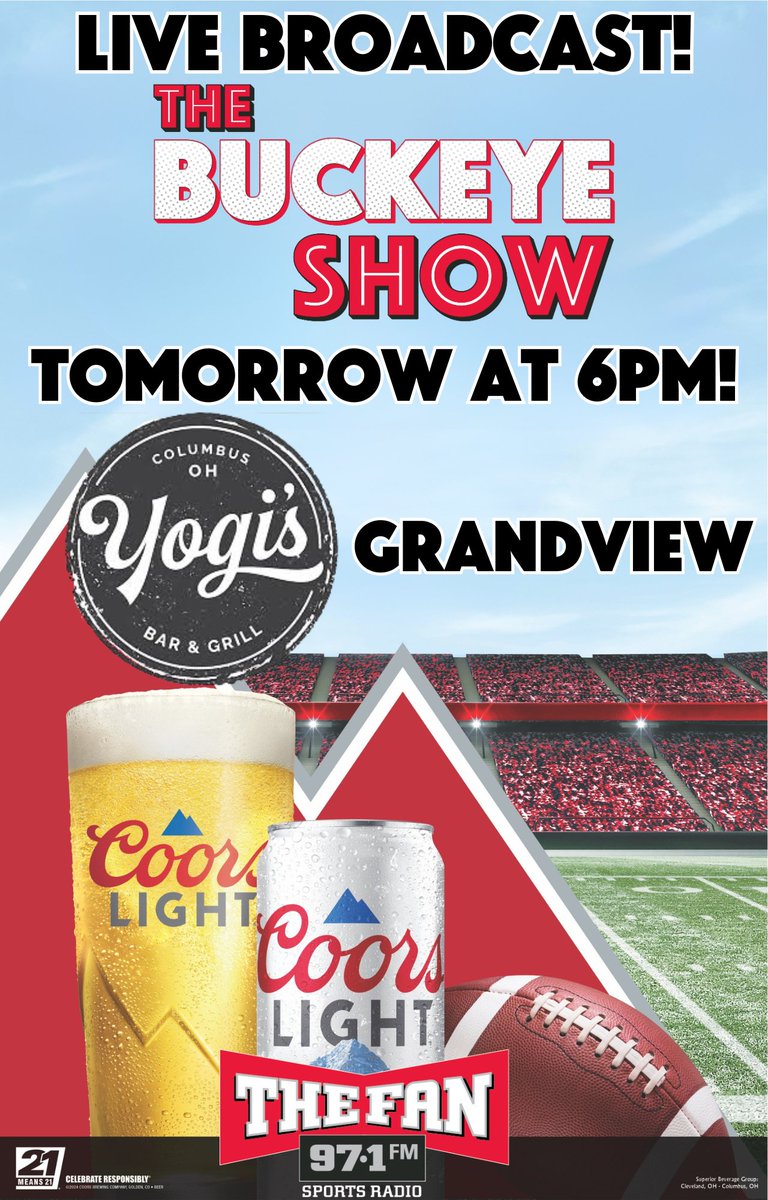 971thefan's tweet image. Join @BrandonBeam971 & @TIM_MAYsports, tomorrow night from 6-8, at Yogi's Bar & Grill in Grandview, for a live broadcast of @TheBuckeyeShow! Brought to you by @CoorsLight!