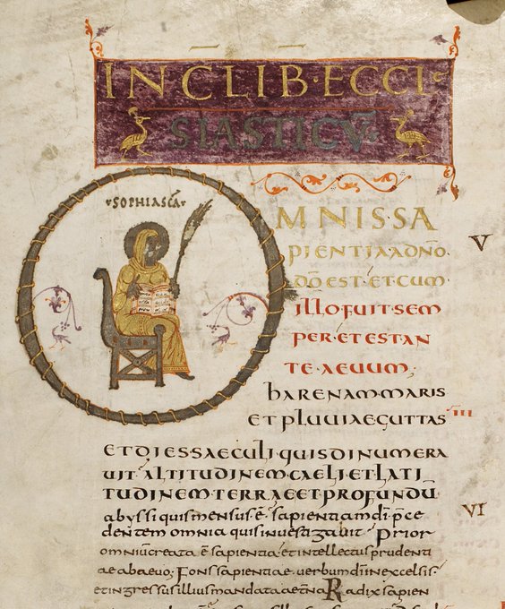 red_loeb's tweet image. Initial 'O'(mnis) at the beginning of Ecclesiasticus containing a personification of Wisdom:
"Omnis sapientia a Domino Deo est"
Staatsbibliothek Bamberg Msc.Bibl.1; Alcuin-Bible; circa 834 CE-843 CE; Marmoutier bei Tours; f.260v