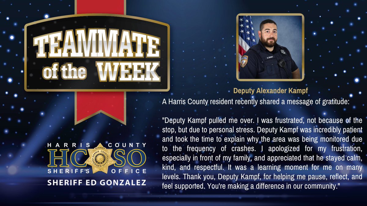 HCSOTexas's tweet image. Teammate of the Week: @SheriffEd_HCSO & HCSO recognize teammates who go above & beyond.
Deputy Alexander Kampf is honored for his patience, empathy, and professionalism during a recent traffic stop that turned into a powerful moment of connection.
👏Thank you, Deputy Kampf!