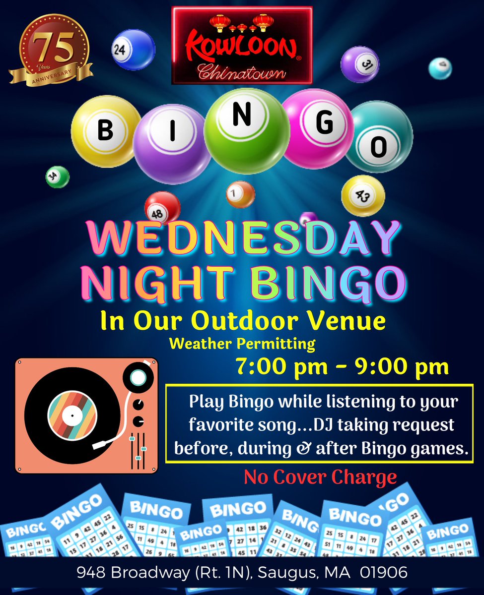 KowloonSaugus's tweet image. Tonight! Wednesday Night Bingo in our outdoor venue from 7pm - 9pm.
Play Bingo while listening to your favorite song...DJ taking request before, during and after Bingo games.
#KowloonRestaurant
#WednesdayNightBingo
#BingoMusicMaiTaisSaugusWings