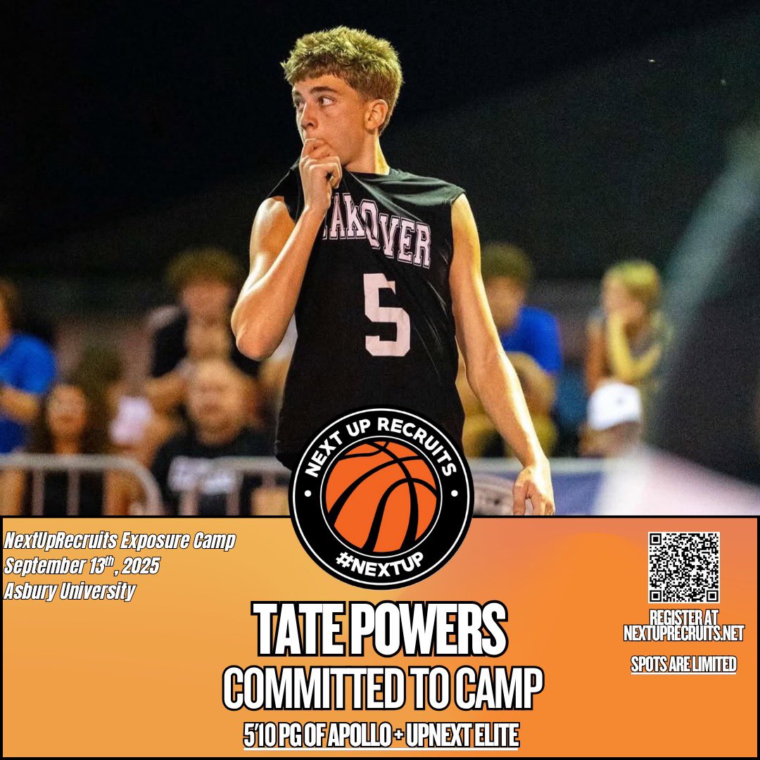 NextUpRecruits's tweet image. 2027 - 5’10 PG Tate Powers (@tate_powers5) of @AHSEaglesBBall / @UpNext_AAU has registered for our exposure camp at Asbury U on September 13th.
Register Here: nextuprecruits.sportngin.com/register/form/…