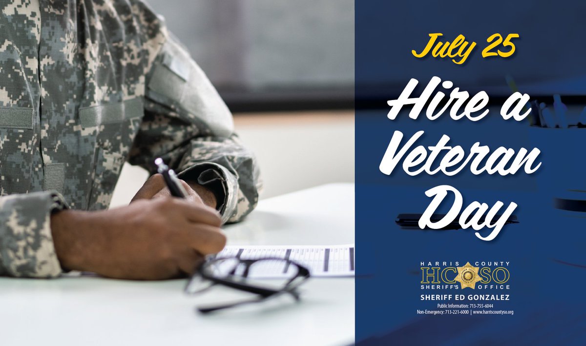 HCSOTexas's tweet image. Today is National Hire a Veteran Day!
At HCSO, we are proud to have veterans serving across our agency — in both sworn and civilian roles. @SheriffEd_HCSO and our team thank all veterans for their continued service with honor.
Join our team! Visit HCSOJobs.com