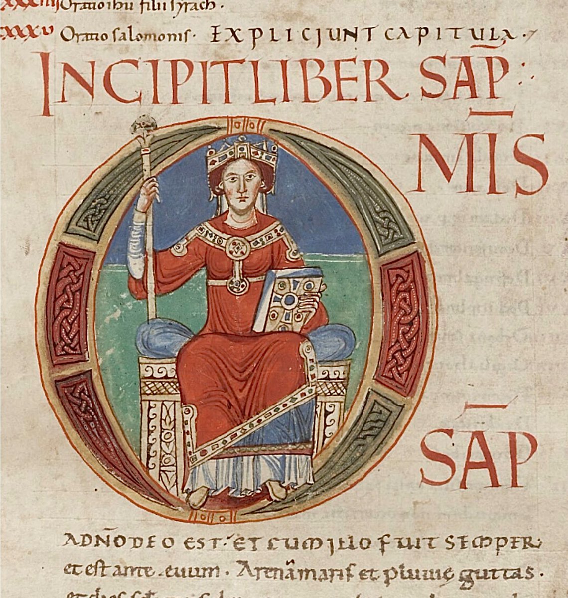 red_loeb's tweet image. Wisdom as a queen holding book and sceptre in the initial 'O'(mnis) at the beginning of Ecclesiasticus
BnF MS Latin 104; Vetus Testamentum (fin). Novum Testamentum; 12th century (towards 1120 CE-1130 CE); Central Italy; f.29v @GallicaBnF