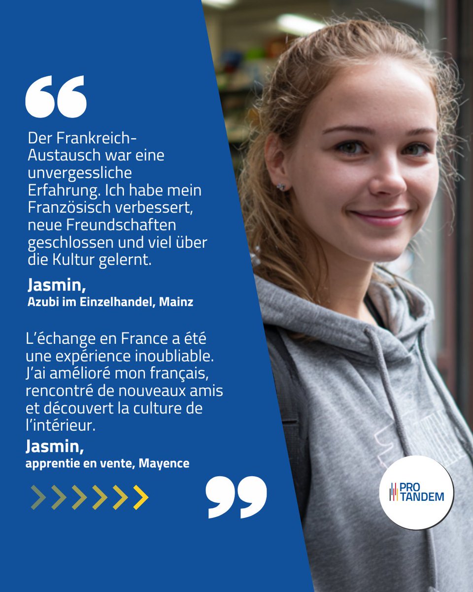 « L’échange en France a été une expérience inoubliable. J’ai amélioré mon français, rencontré de nouveaux amis et découvert la culture de l’intérieur. Je suis très reconnaissante d’avoir pu y participer. » – Jasmin, apprentie dans les métiers du Commerce et de la Vente, Mayence