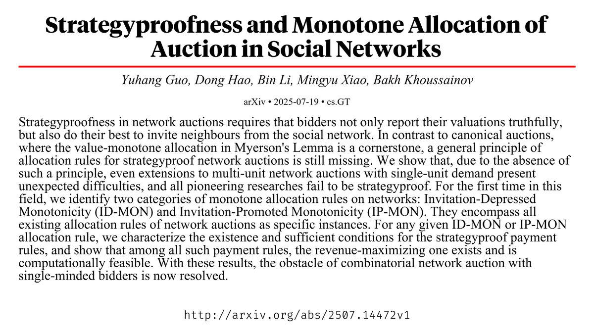 CapybaraPapers's tweet image. Strategyproofness and Monotone Allocation of Auction in Social Networks arxiv.org/abs/2507.14472…