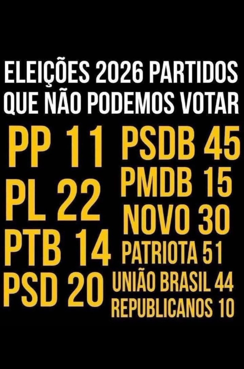 Não votem em Ciro Nogueira
Não votem em Hugo Motta
Não votem em Alcolumbre
Não votem em Arthur Lira
Não votem em NINGUÉM do PL
Não votem em NINGUÉM do Republicanos
Não votem em NINGUÉM do PP (progressistas)
Não votem em NINGUÉM ligado ao bolsonarismo