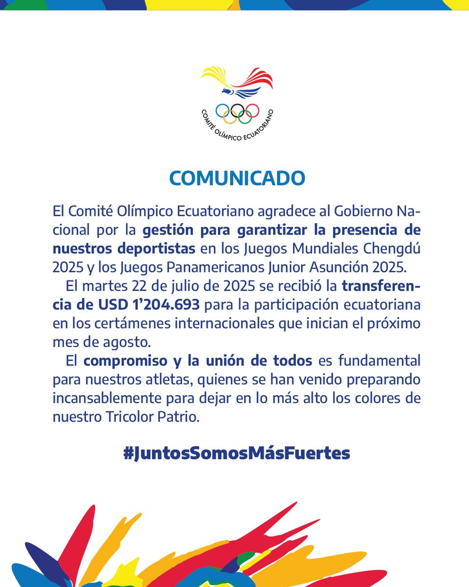 Comite_Olimpico_Ecu (@ecuadorolimpico) on Twitter photo Gracias por el respaldo al deporte ecuatoriano que está próximo a cumplir dos nuevos desafíos internacionales donde buscará nuevas hazañas 🇪🇨🙌🥇
<a href="/Presidencia_Ec/">Presidencia Ecuador 🇪🇨</a> Gracias por el respaldo al deporte ecuatoriano que está próximo a cumplir dos nuevos desafíos internacionales donde buscará nuevas hazañas 🇪🇨🙌🥇
<a href="/Presidencia_Ec/">Presidencia Ecuador 🇪🇨</a>