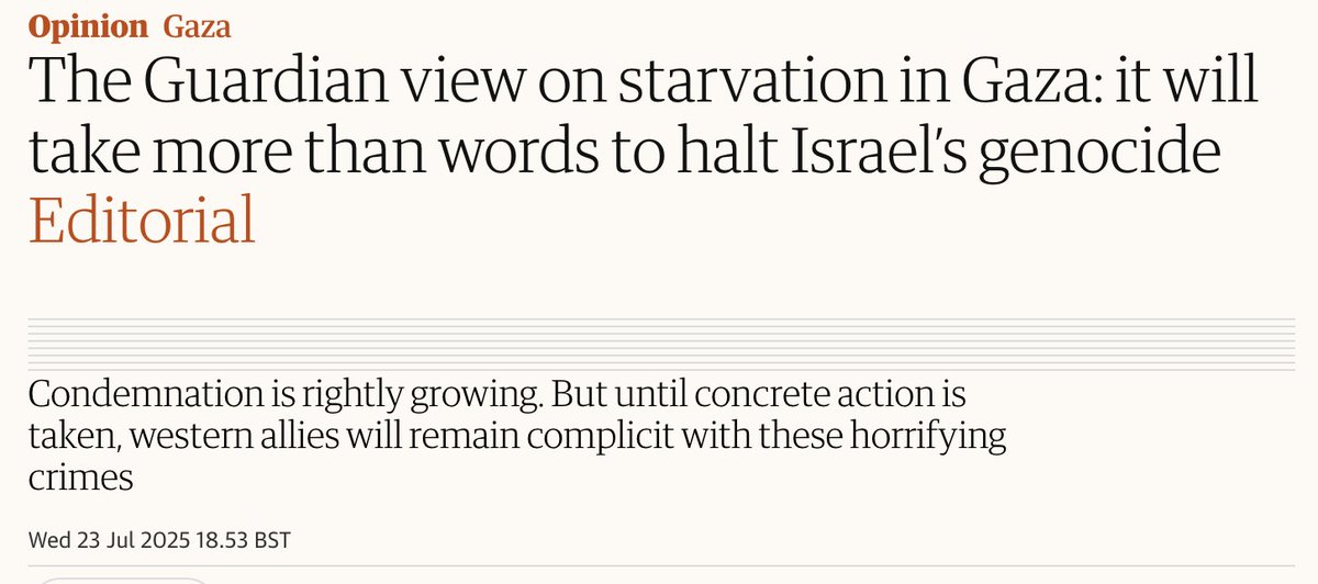 This the Guardian editorial - that is, the official voice of the newspaper.

It's happening slowly, but surely:

Israel's genocide is becoming an undeniable, incontrovertible fact in the West.

theguardian.com/commentisfree/…