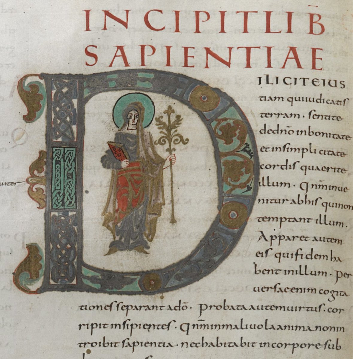 red_loeb's tweet image. Initial 'D'(iligite) at the beginning of the Book of Wisdom, depicting the personification of Wisdom
BL Add MS 10546; The 'Moutier-Grandval Bible'; c.830 CE-c.840 CE; France (Tours); f.262v @BLMedieval