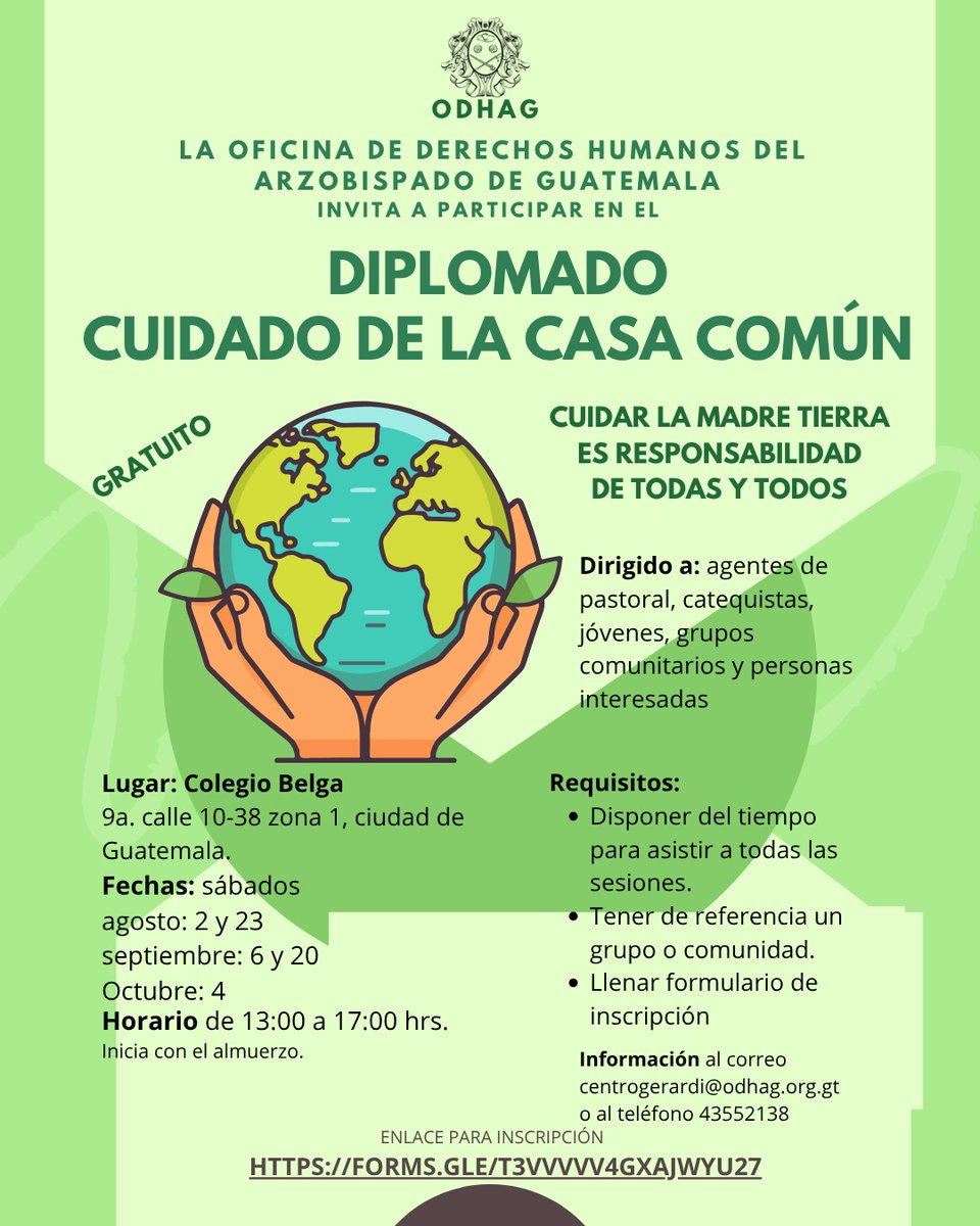 LA OFICINA DE DERECHOS HUMANOS DEL ARZOBISPADO DE GUATEMALA  invita a participar en el DIPLOMADO CUIDADO DE LA CASA COMÚN    

Más información vea en el afiche