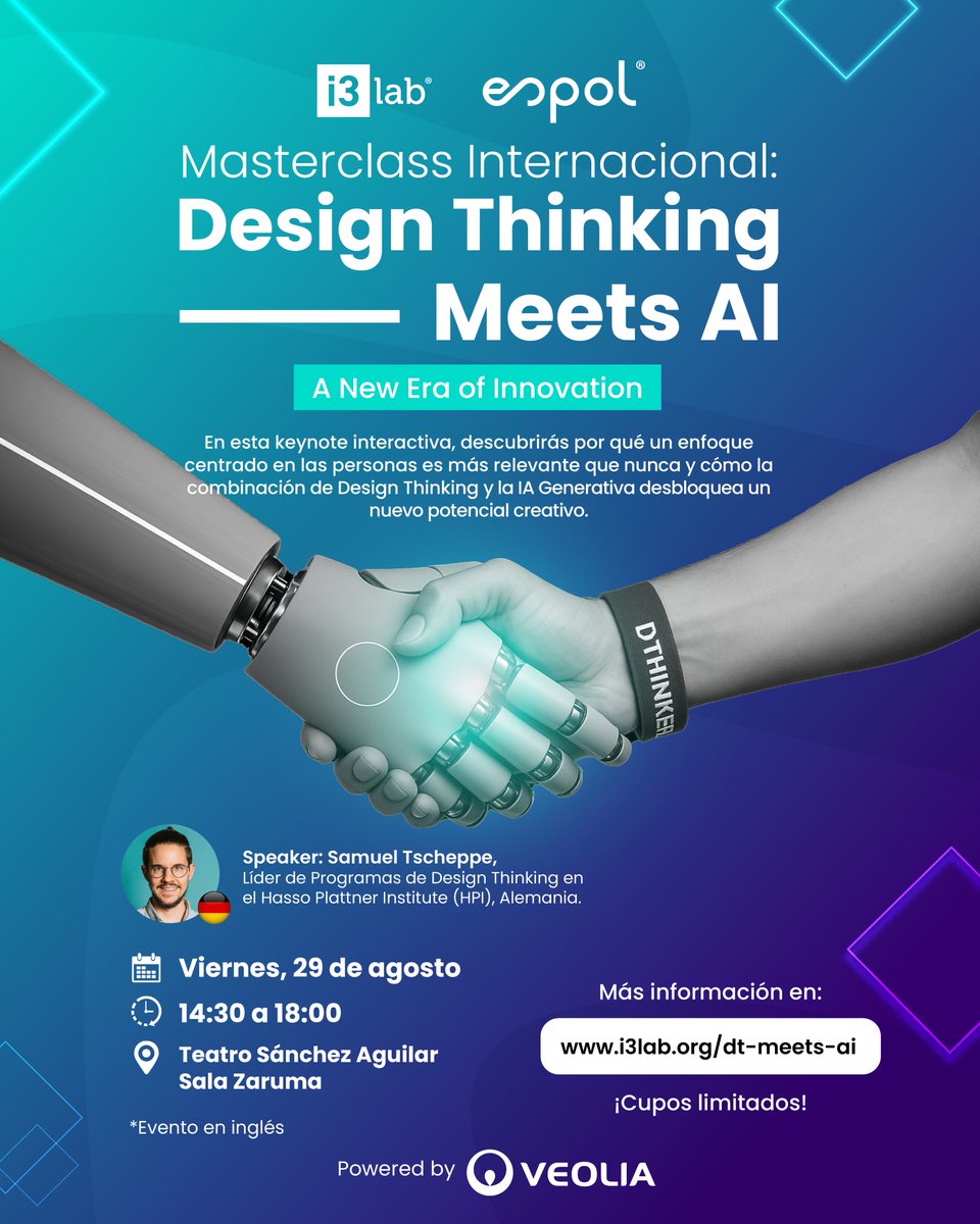 Conecta el pensamiento creativo 🧠 con la tecnología 🤖 gracias a la fusión de #DesignThinking e IA Generativa, junto a Samuel Tscheppe, líder del Hasso Plattner Institute 🇩🇪.

🗓️ Fecha: Viernes, 29 de agosto
🕒 Hora: 14h30
📍 Teatro Sánchez Aguilar

🔗 i3lab.org/dt-meets-ai