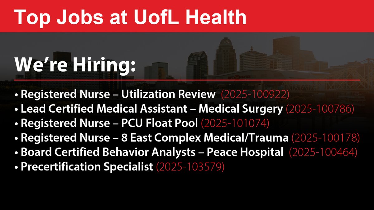 UofLHealth's tweet image. JOIN OUR TEAM | UofL Health is searching for individuals ready to make a difference for our patients. Check out the Top Jobs at UofL Health for the week of July 21, 2025.

Learn more about working at UofL Health/apply ▶️ ULHealth.co/careers