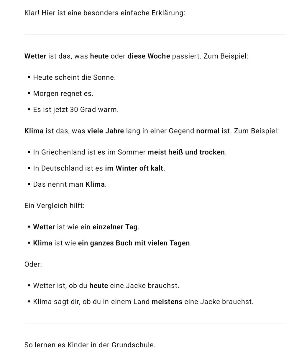Fuck Swasticar (@fck_swasticar) on Twitter photo <a href="/schaefer_j/">Jan Schäfer</a> #ChatGPT "Erkläre einem Erwachsenen mit besonders wenig Bildung, was Kinder bereits in der Grundschule lernen, nämlich den Unterschied von Wetter und Klina. Benutze eine besonders einfache Sprache." <a href="/schaefer_j/">Jan Schäfer</a> #ChatGPT "Erkläre einem Erwachsenen mit besonders wenig Bildung, was Kinder bereits in der Grundschule lernen, nämlich den Unterschied von Wetter und Klina. Benutze eine besonders einfache Sprache."