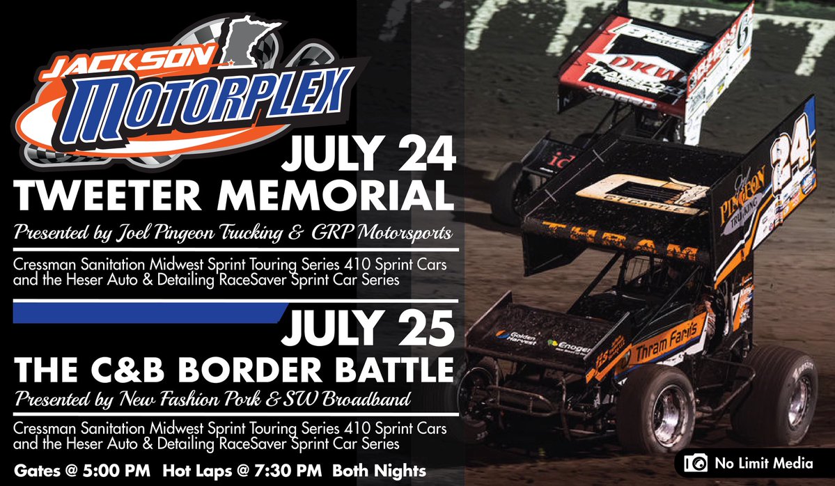 Jackson Motorplex (@jacksonmotorplx) on Twitter photo It’s a big week at <a href="/jacksonmotorplx/">Jackson Motorplex</a>!
Thursday’s Tweeter Memorial presented by Joel Pingeon Trucking and GRP Motorsports will pay $4,000 to win/$500 to start!
Friday’s C&B Wieskus Memorial presented by New Fashion Pork and SW Broadband will pay $7,000 to win/$500 to start! It’s a big week at <a href="/jacksonmotorplx/">Jackson Motorplex</a>!
Thursday’s Tweeter Memorial presented by Joel Pingeon Trucking and GRP Motorsports will pay $4,000 to win/$500 to start!
Friday’s C&B Wieskus Memorial presented by New Fashion Pork and SW Broadband will pay $7,000 to win/$500 to start!