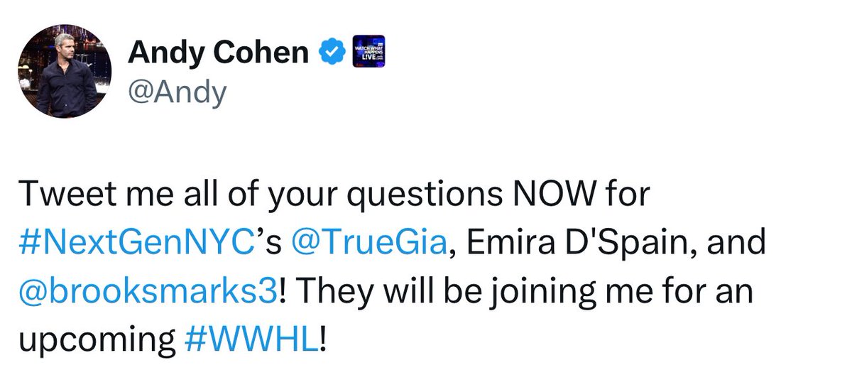 queensofbravo's tweet image. The #NextGenNYC Finale aired last night, but Bravo is keeping the love going by inviting Gia, Emira, and Brooks to WWHL!
Announce Season 2, puh-leeze!