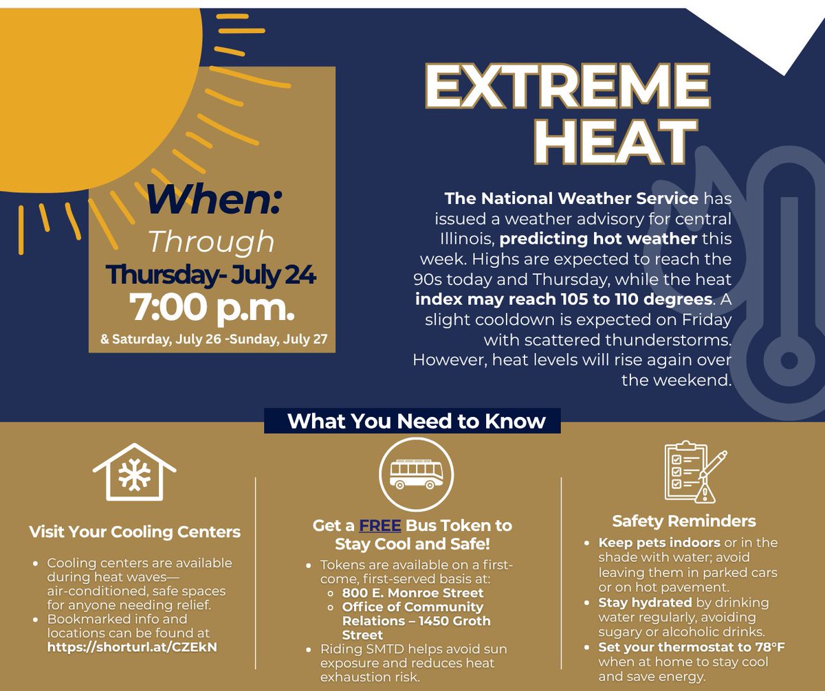 🌡️ EXTREME HEAT ADVISORY 🌡️ Springfield &amp; central IL are facing scorching temps in the 90s with a heat index of 105–110°F. Stay safe! 

🧊 Visit our weather resources: springfield.il.us/CommunityHome.…

Check on neighbors! #SpringfieldIL #HeatAdvisory #CommunityCare #StayCoolSpringfield