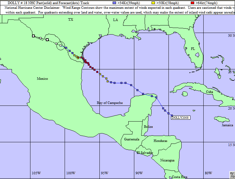 weather_history's tweet image. July 23, 2008:
Hurricane Dolly made landfall as a Category 1 on South Padre Island, Texas. The storm, which was one of many tropical cyclones that impacted the CONUS in 2008, knocked out several hundred thousand customers' power and dropped over 15" of rain in TX.
#wxhistory