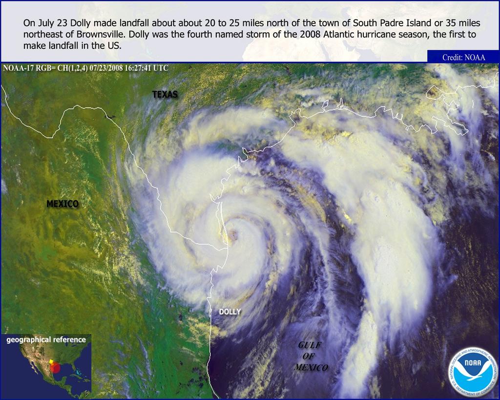 weather_history's tweet image. July 23, 2008:
Hurricane Dolly made landfall as a Category 1 on South Padre Island, Texas. The storm, which was one of many tropical cyclones that impacted the CONUS in 2008, knocked out several hundred thousand customers' power and dropped over 15" of rain in TX.
#wxhistory