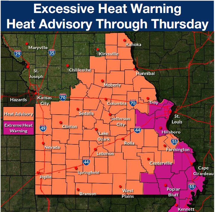 MoPublicSafety's tweet image. ‼️⚠️Extreme Heat Warning and Heat Advisory continue through Thursday.
‼️⚠️There's also a Flood Watch for parts of Northwest and North Central Missouri from 4PM THURS - 10AM FRI because heavy rain is possible along a stalled front.
✅Follow your forecast. Stay weather aware!