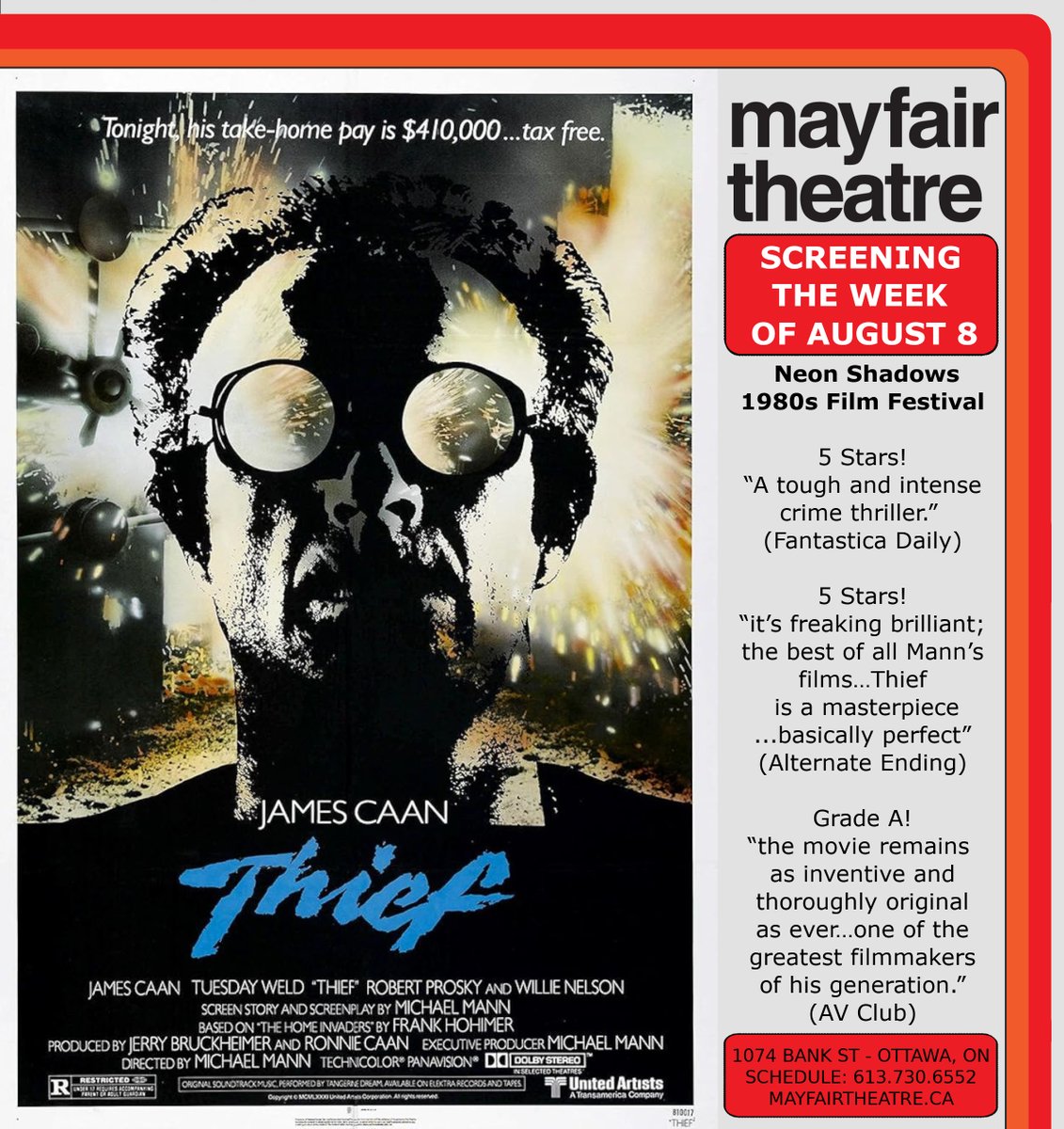 Mayfair Theatre (@mayfairtheatre) on Twitter photo Thief - Screening the week of August 8!
Cannes: Palme dāOr nominee!
5 Stars! āThief isnāt just good, itās freaking brilliant; the best of all Mannās filmsā¦a masterpieceā¦as assured & basically perfect as any first feature has ever beenā (Alternate Ending)
mayfairtheatre.ca/movie/thief/ Thief - Screening the week of August 8!
Cannes: Palme dāOr nominee!
5 Stars! āThief isnāt just good, itās freaking brilliant; the best of all Mannās filmsā¦a masterpieceā¦as assured & basically perfect as any first feature has ever beenā (Alternate Ending)
mayfairtheatre.ca/movie/thief/