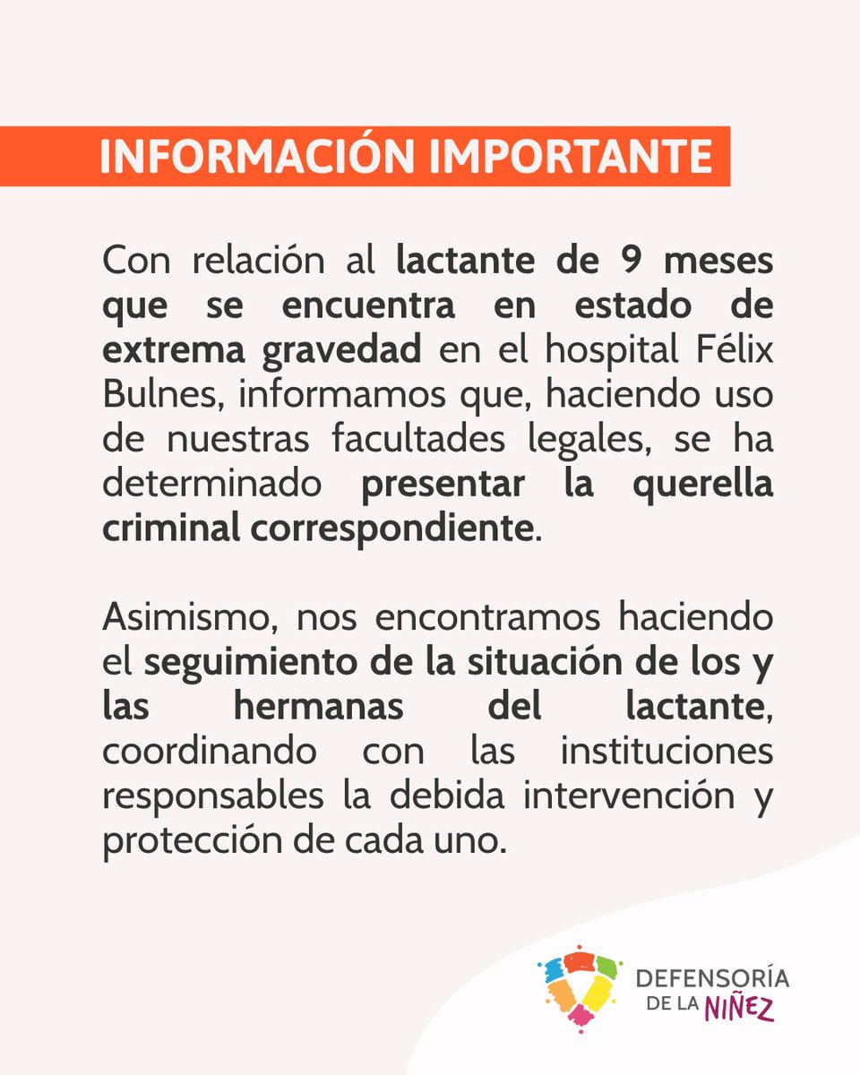 defensorianinez's tweet image. ⚠️Con relación al lactante de 9 meses que se encuentra en estado de extrema gravedad en el hospital Félix Bulnes, informamos que, haciendo uso de nuestras facultades legales, se ha determinado presentar la querella criminal correspondiente. 

Asimismo, nos encontramos haciendo el…