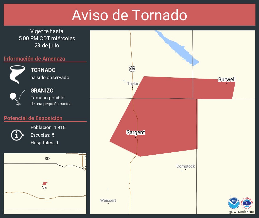 NWSNorthPlatte's tweet image. Aviso de Tornado incluye Burwell NE, Sargent NE hasta las 5:00 PM CDT