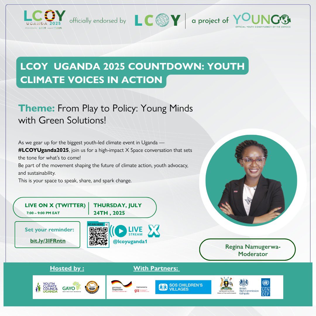 reginanamugerw2's tweet image. I will be moderating a critical conversation ahead of LCOY Uganda 2025 themed “From Policy to Play : Young Minds with Green Solutions.”
Set your reminder here and join the discussion😊 : x.com/i/spaces/1ypKd…
#ClimateActionNow
#YouthforClimate