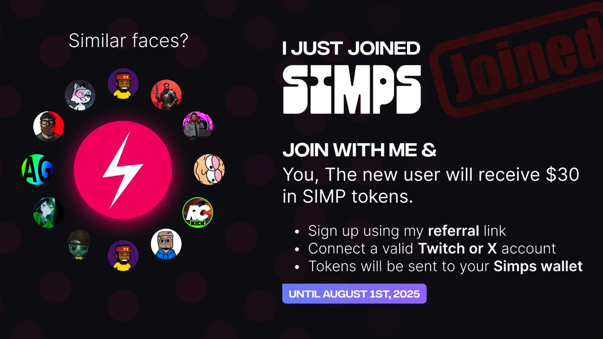 itsf7ash's tweet image. So I just joined @simpssocial and I'm inviting you to join!
As a new user you will receive $30 in SIMP tokens and I'll get $20 dollar in SIMP tokens. Its a win-win!
--> simps.com/?ref=F7ASHP0INT
Hurry, It ends August 1st!